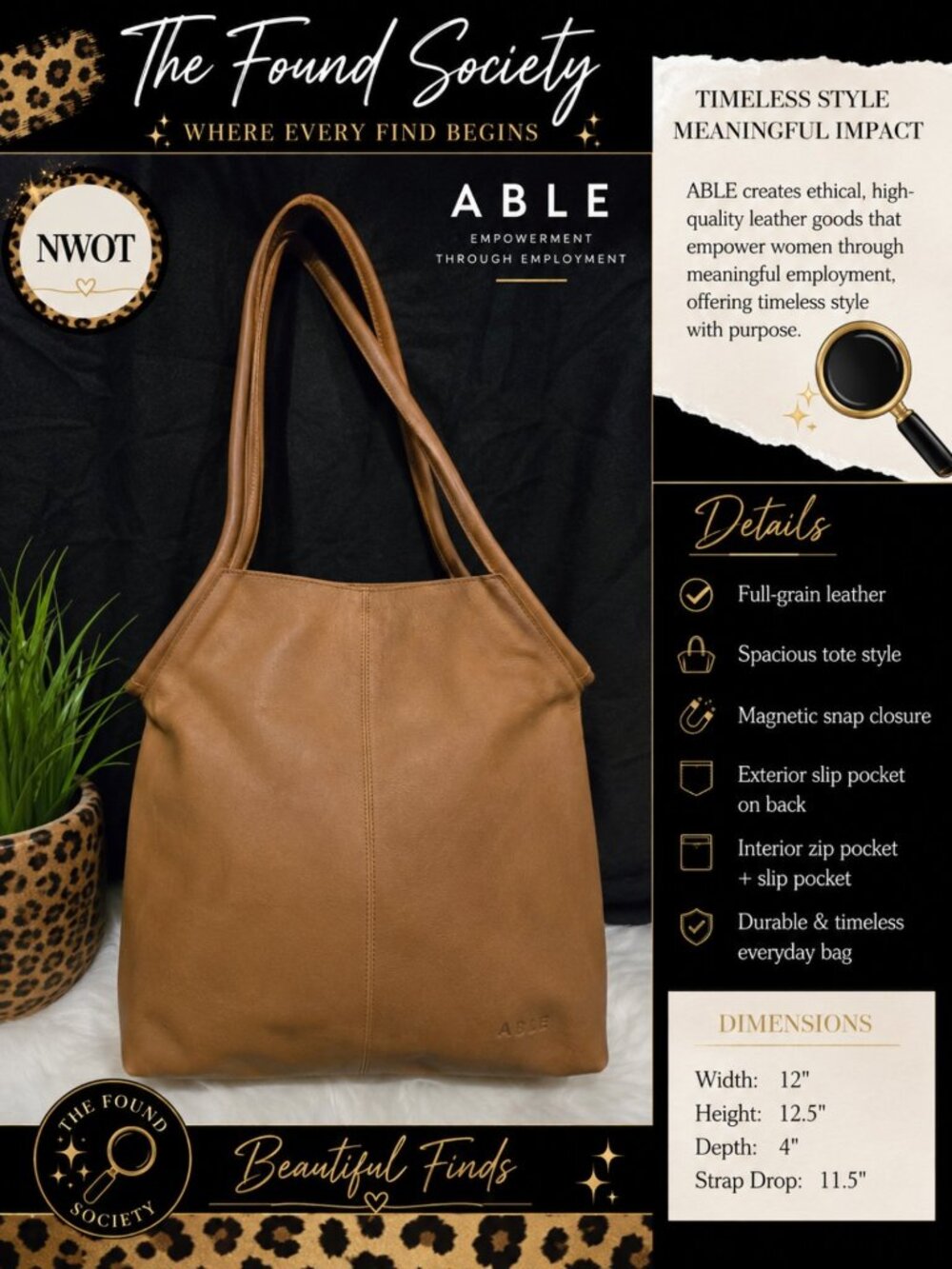 ABLE Medium Leather Tote Bag--NWOT Full Grain Leather Brown Shoulder Bag